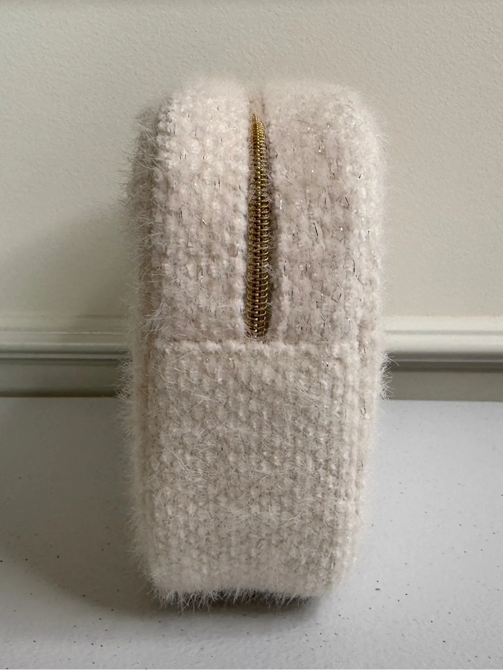 CHANEL Holiday Cream Textured Beauty Pouch with Gold Logo